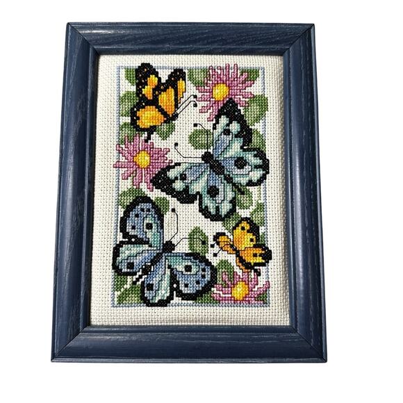 Framed Butterfly and Flower Cross-Stitch Art - Picture 1 of 5